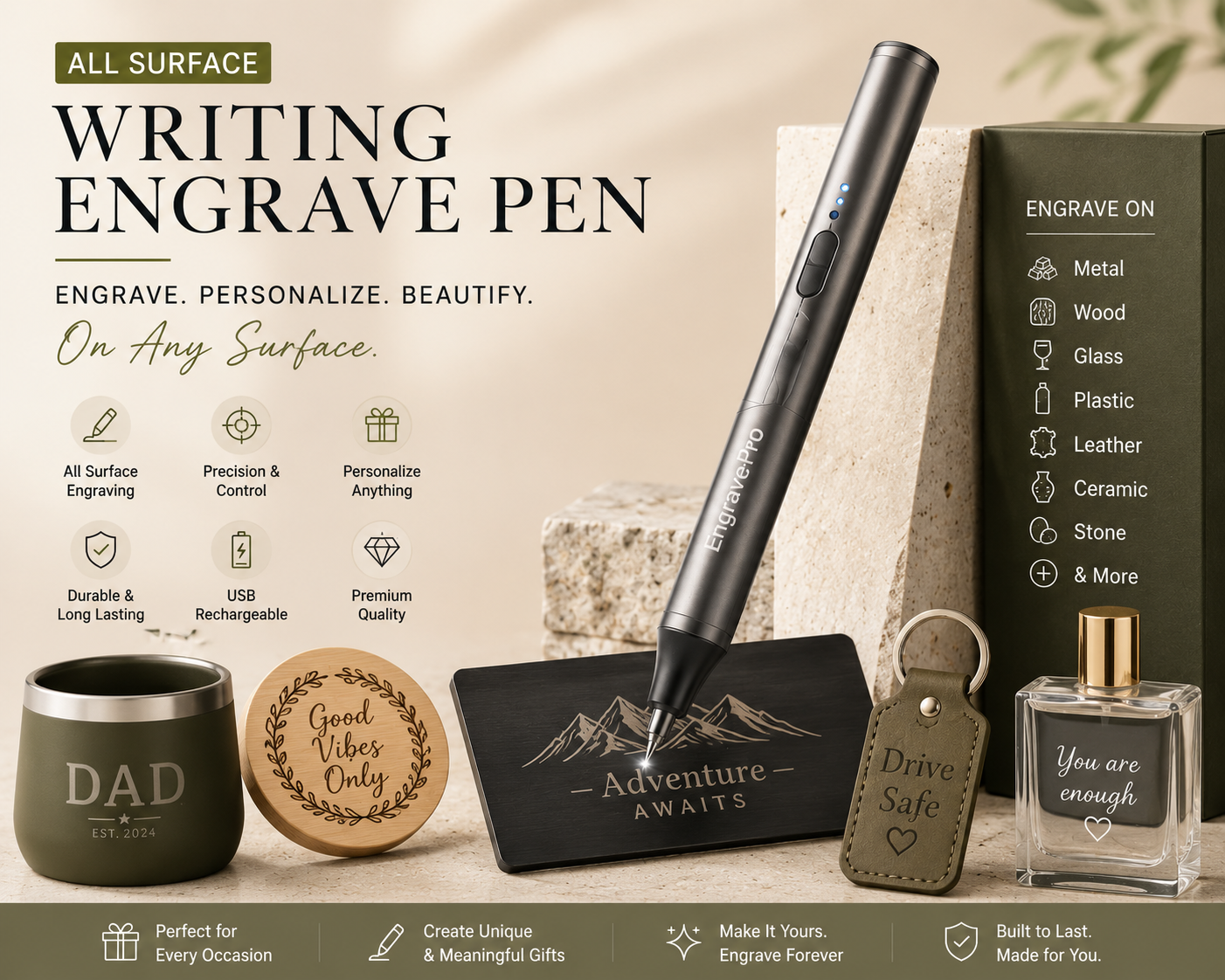 All Surface Writing Engrave Pen | Battery Operated, 2 Engraving Tips(Multicolor)