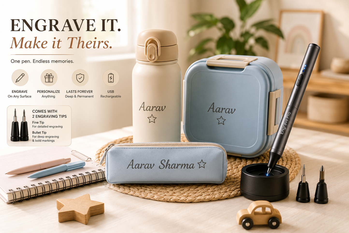 All Surface Writing Engrave Pen | Battery Operated, 2 Engraving Tips(Multicolor)