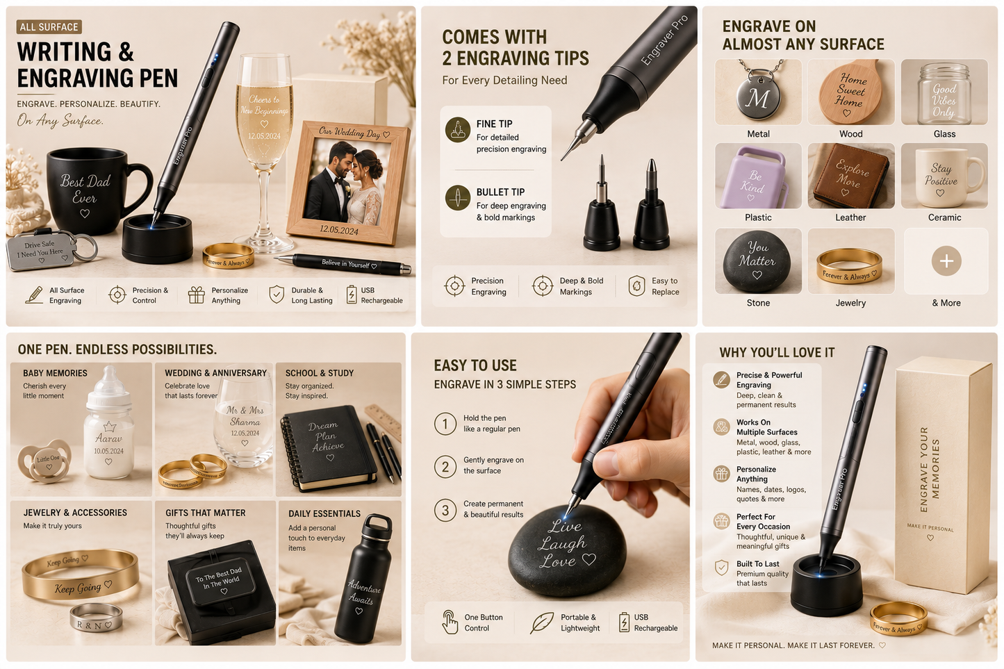 All Surface Writing Engrave Pen | Battery Operated, 2 Engraving Tips(Multicolor)