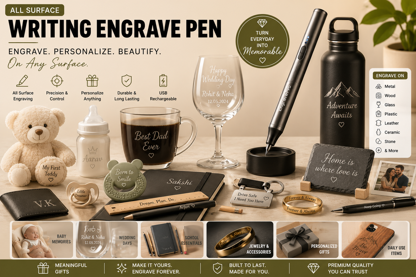 All Surface Writing Engrave Pen | Battery Operated, 2 Engraving Tips(Multicolor)