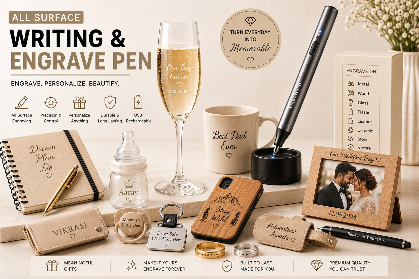 All Surface Writing Engrave Pen | Battery Operated, 2 Engraving Tips(Multicolor)